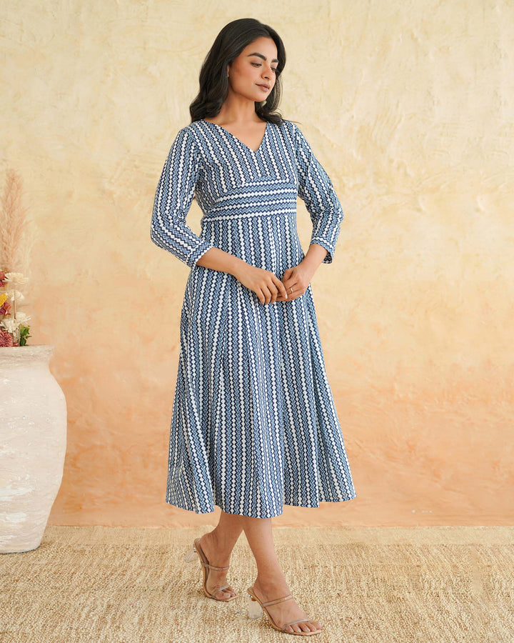 Blue Maze Cotton Midi Dress with Pockets