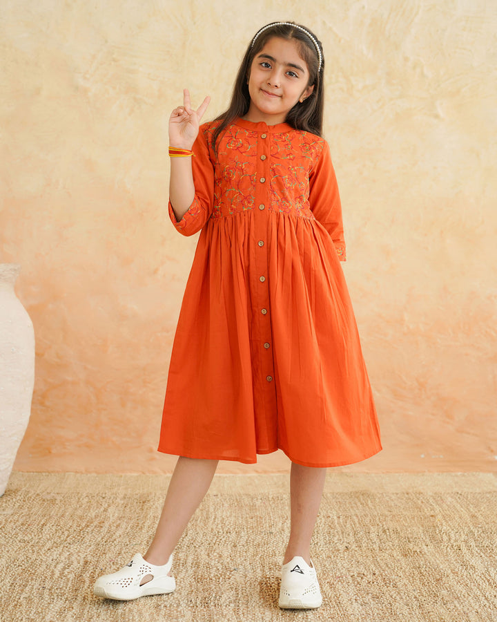 Orange 'Resham' Embroidered Cotton Girl's Dress