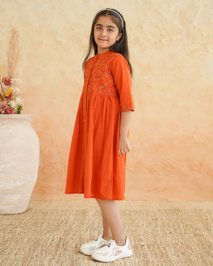 Orange 'Resham' Embroidered Cotton Girl's Dress