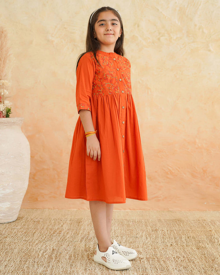 Orange 'Resham' Embroidered Cotton Girl's Dress