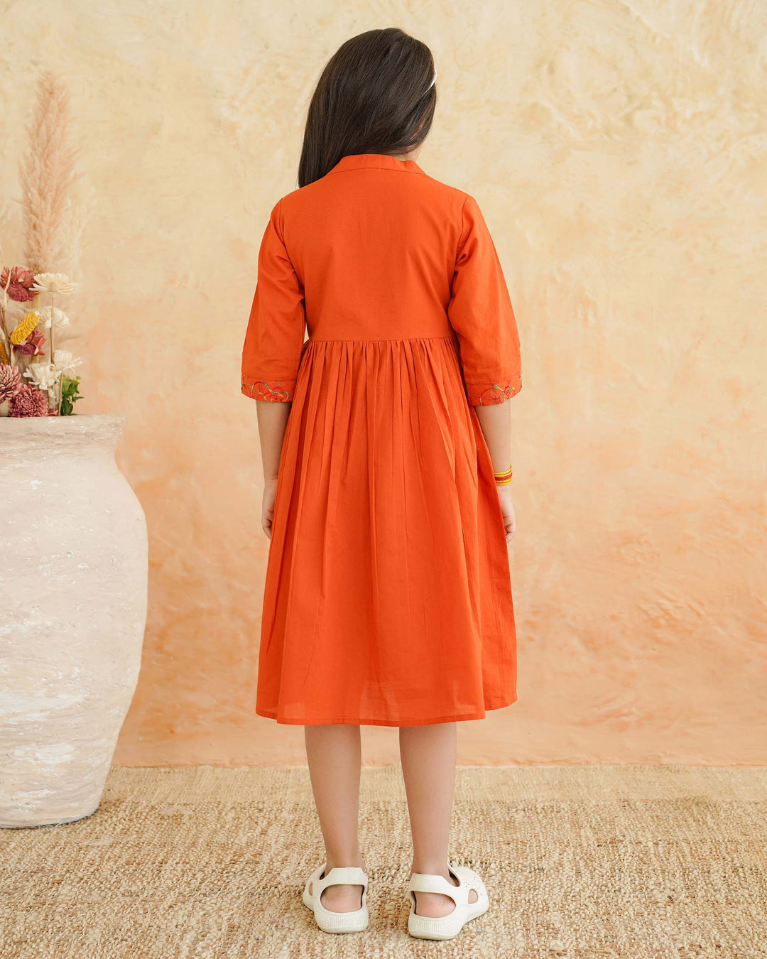 Orange 'Resham' Embroidered Cotton Girl's Dress