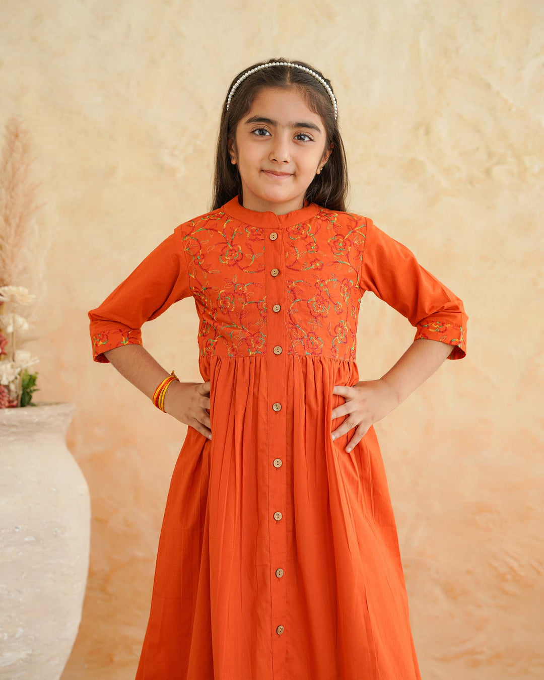 Orange 'Resham' Embroidered Cotton Girl's Dress