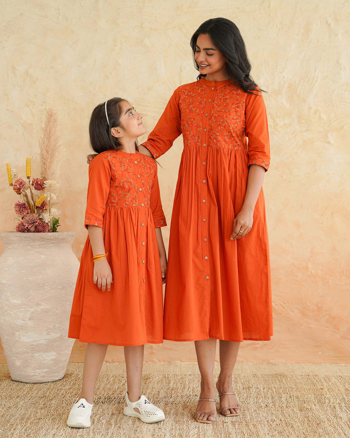 Orange 'Resham' Embroidered Mom and Daughter Dresses