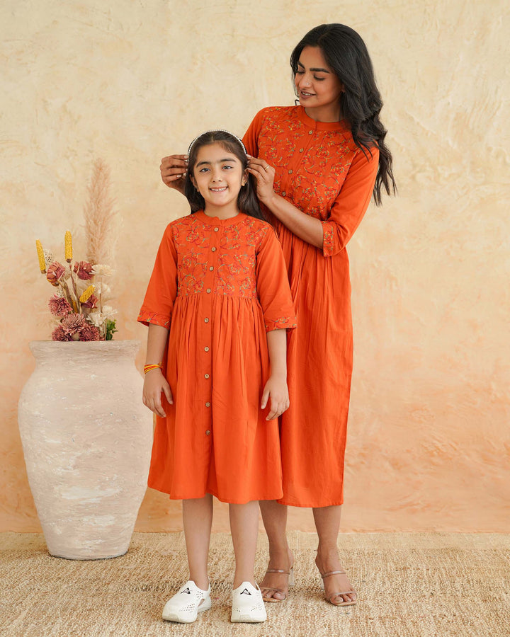 Orange 'Resham' Embroidered Mom and Daughter Dresses