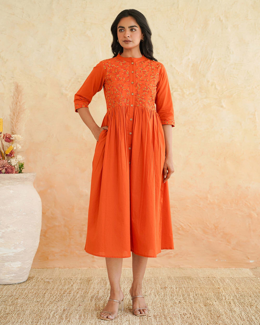 Orange 'Resham' Embroidered Cotton Dress with Pockets