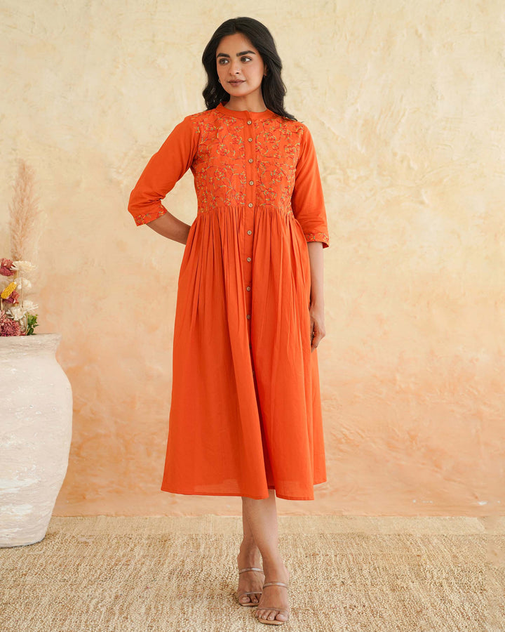 Orange 'Resham' Embroidered Cotton Dress with Pockets