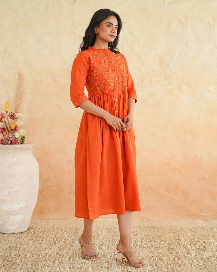 Orange 'Resham' Embroidered Cotton Dress with Pockets