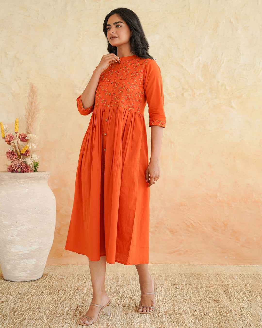 Orange 'Resham' Embroidered Cotton Dress with Pockets