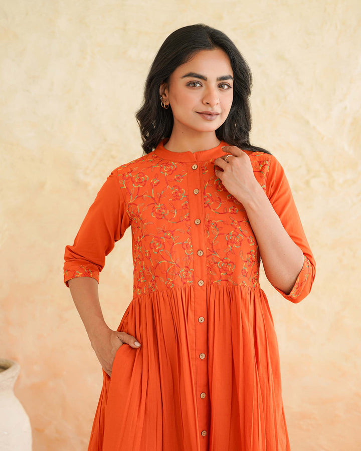 Orange 'Resham' Embroidered Mom and Daughter Dresses