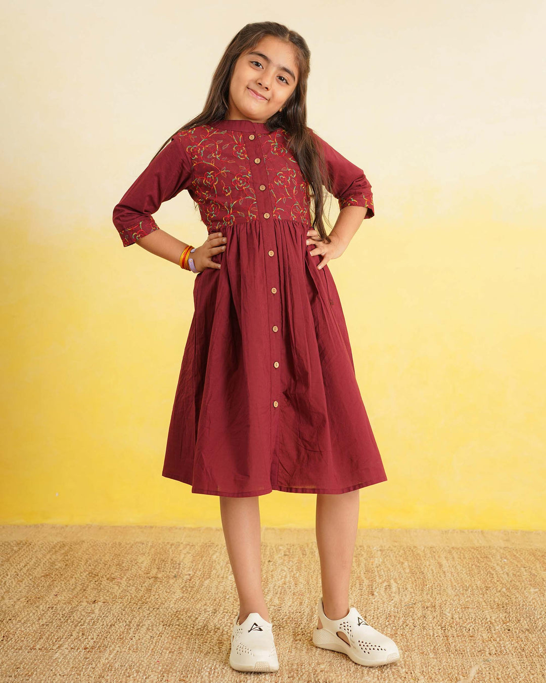 Maroon 'Resham' Embroidered Cotton Girl's Dress