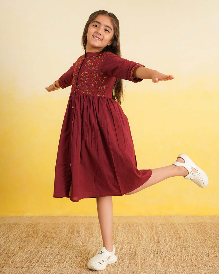 Maroon 'Resham' Embroidered Cotton Girl's Dress