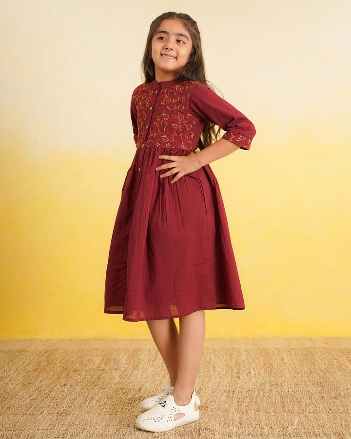Maroon 'Resham' Embroidered Cotton Girl's Dress
