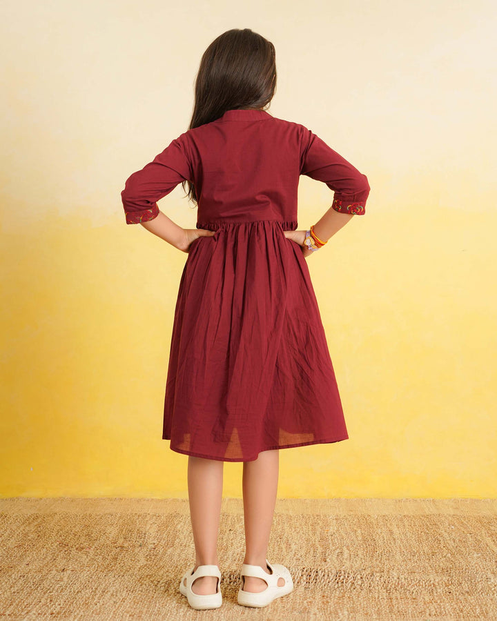 Maroon 'Resham' Embroidered Cotton Girl's Dress