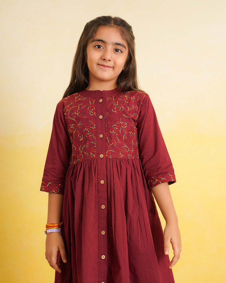 Maroon 'Resham' Embroidered Cotton Girl's Dress