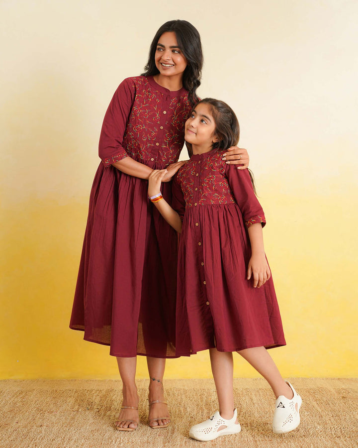 Maroon 'Resham' Embroidered Mom and Daughter Dresses