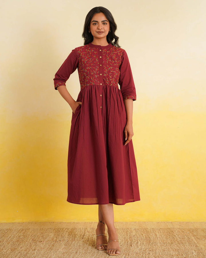Maroon 'Resham' Embroidered Cotton Dress with Pockets