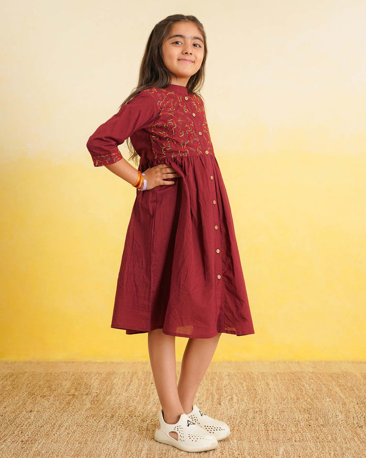 Maroon 'Resham' Embroidered Cotton Girl's Dress