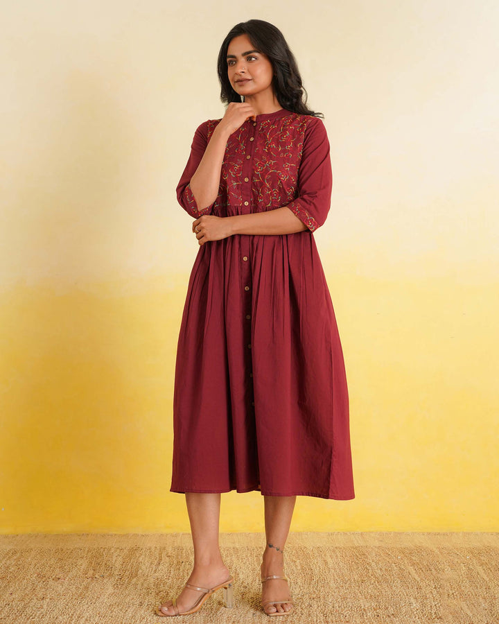 Maroon 'Resham' Embroidered Cotton Dress with Pockets