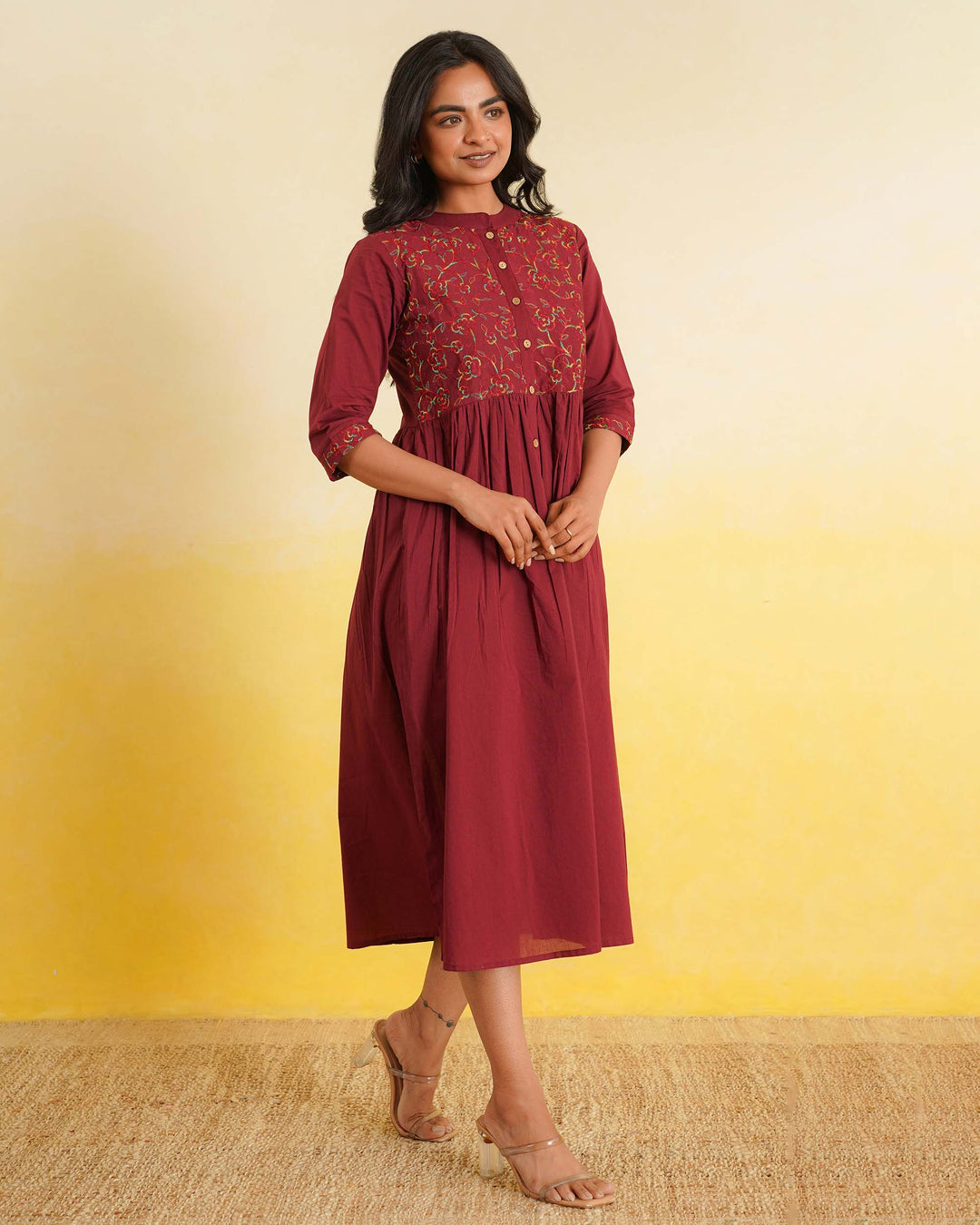 Maroon 'Resham' Embroidered Cotton Dress with Pockets