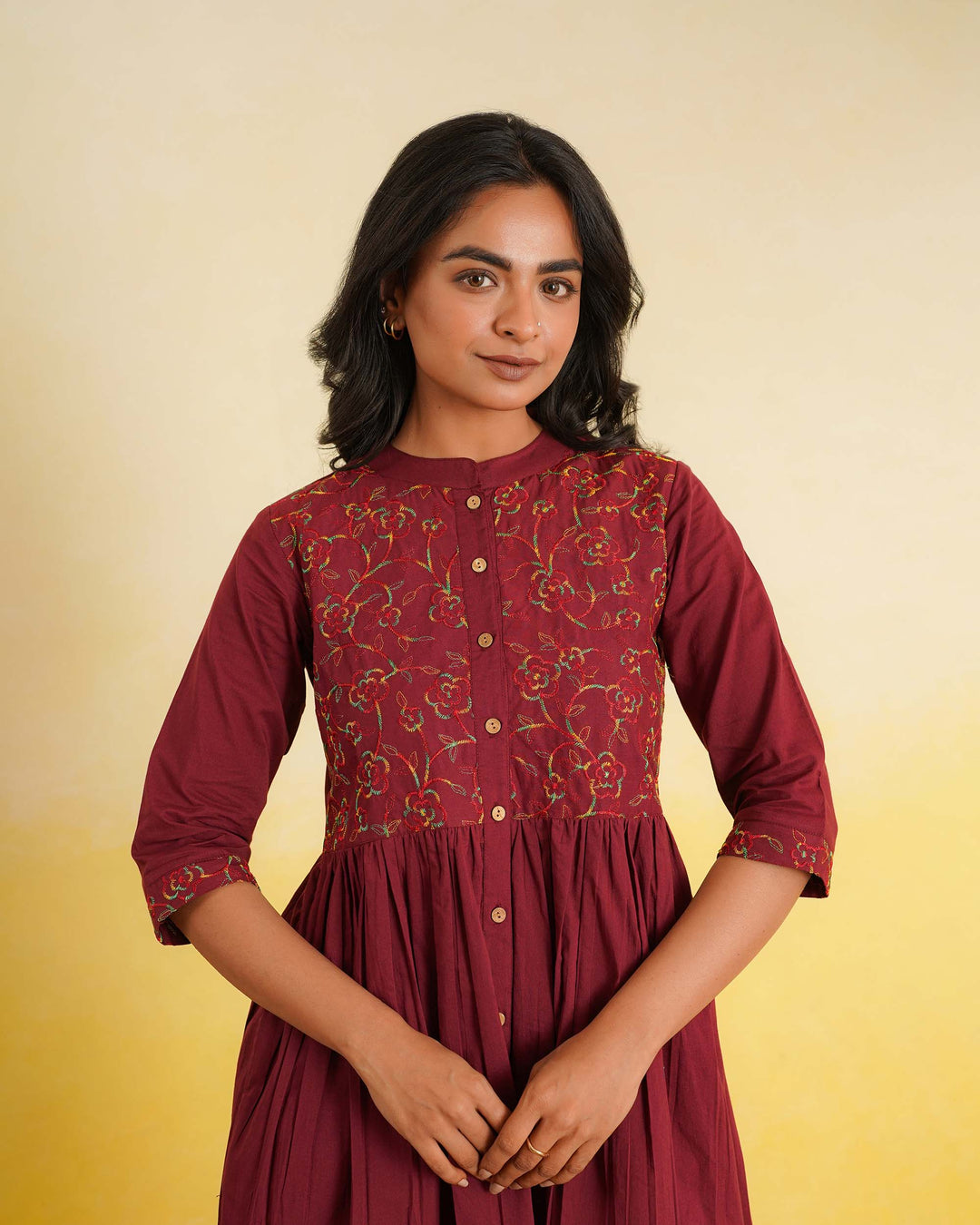 Maroon 'Resham' Embroidered Cotton Dress with Pockets