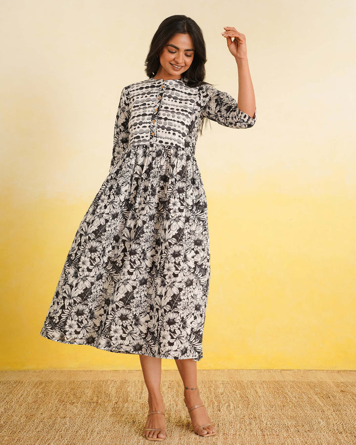 Black Echo Cotton Midi Dress with Pockets