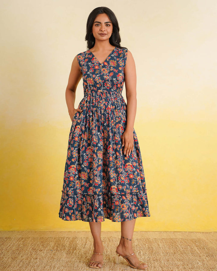 Teal Wildflower Cotton Midi Dress with Pockets