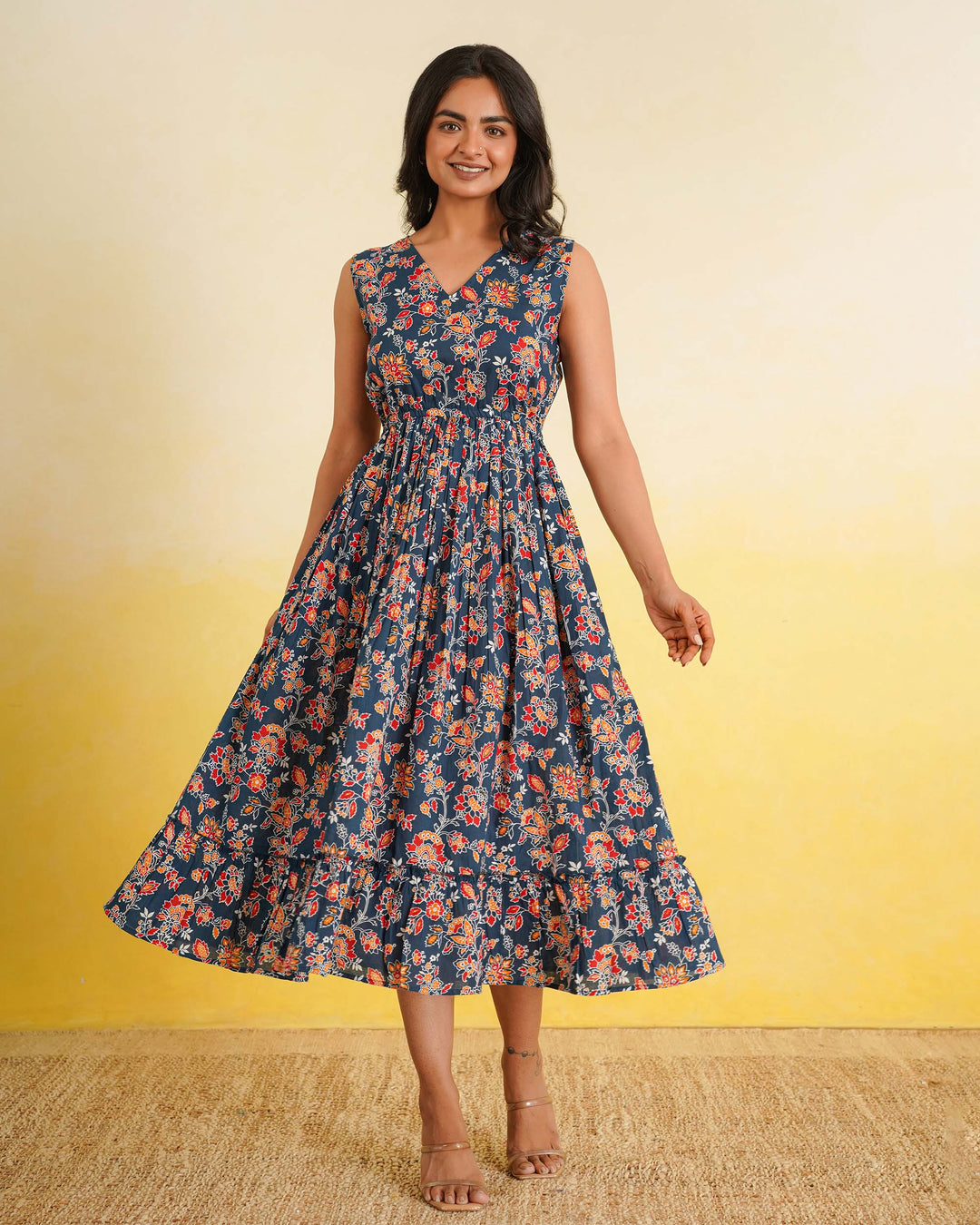 Teal Wildflower Cotton Midi Dress with Pockets