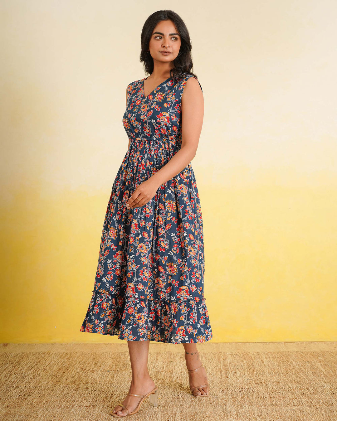 Teal Wildflower Cotton Midi Dress with Pockets
