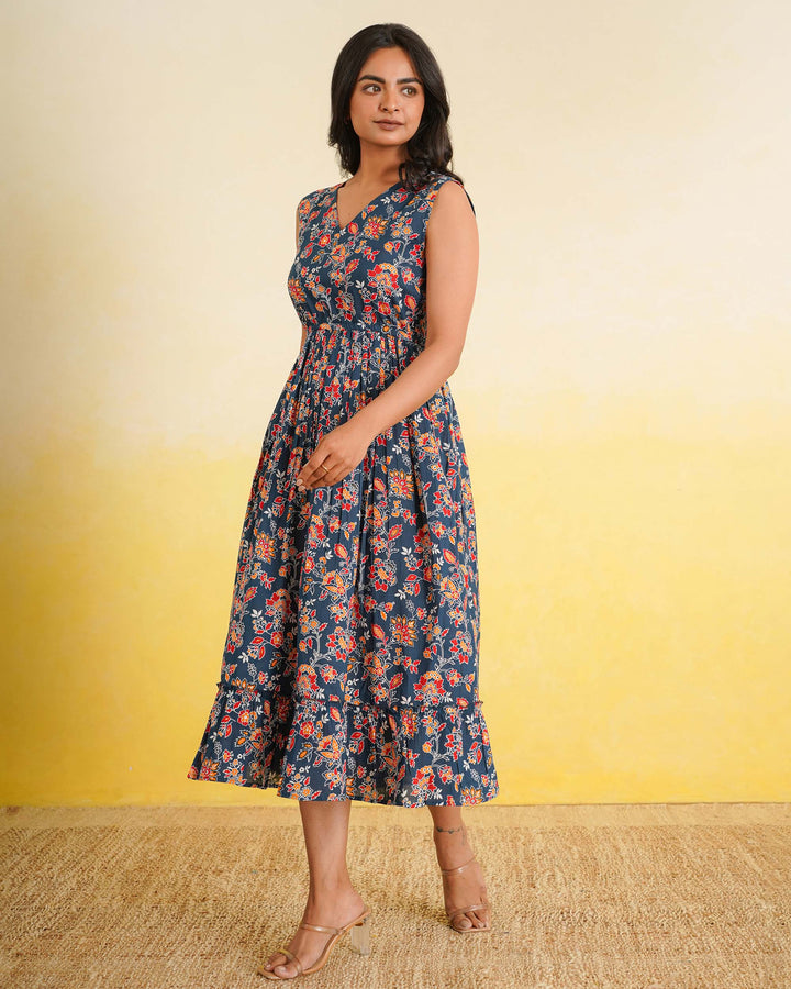 Teal Wildflower Cotton Midi Dress with Pockets