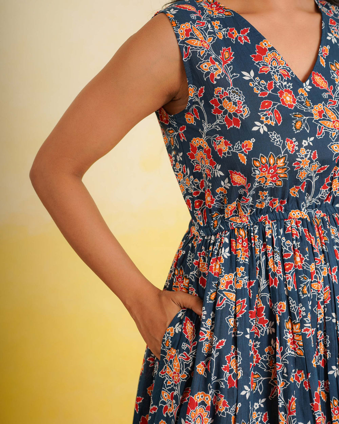 Teal Wildflower Cotton Midi Dress with Pockets