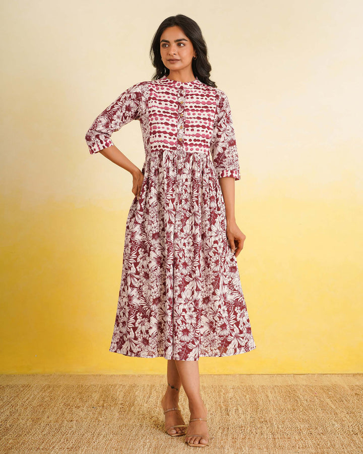 Maroon Echo Cotton Midi Dress with Pockets