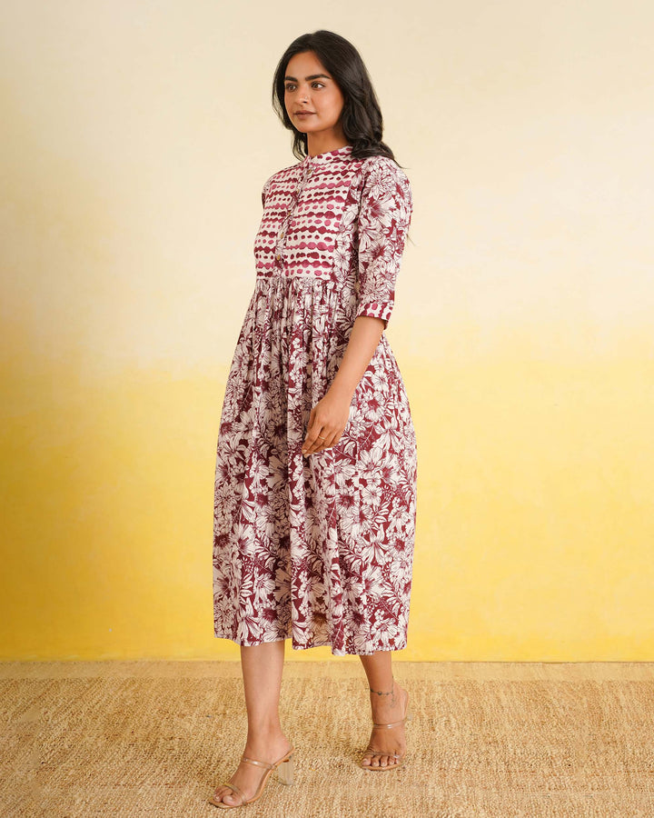 Maroon Echo Cotton Midi Dress with Pockets
