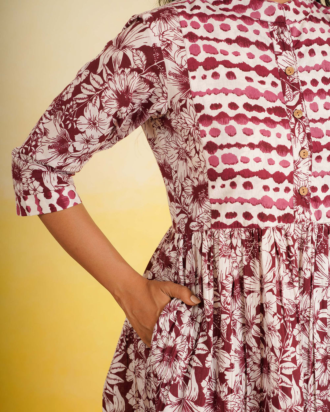 Maroon Echo Cotton Midi Dress with Pockets