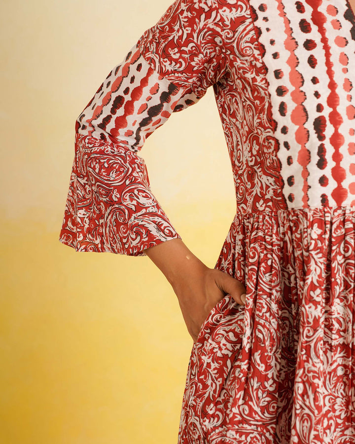 Rust Fusion Cotton Midi Dress with Pockets