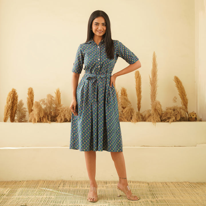 Blue Shirt Collared Cotton Midi Dress with Pockets