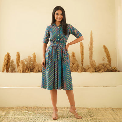 Blue Shirt Collared Cotton Midi Dress with Pockets
