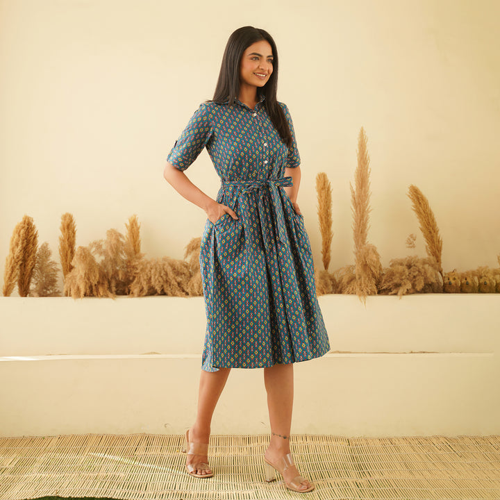 Blue Shirt Collared Cotton Midi Dress with Pockets