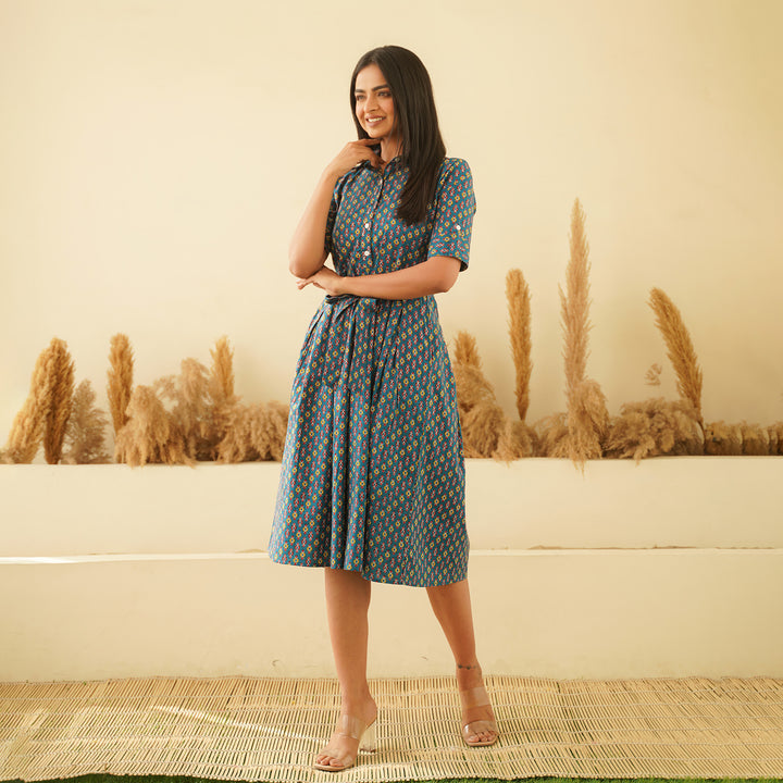 Blue Shirt Collared Cotton Midi Dress with Pockets