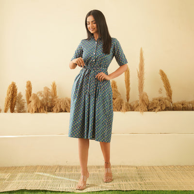 Blue Shirt Collared Cotton Midi Dress with Pockets