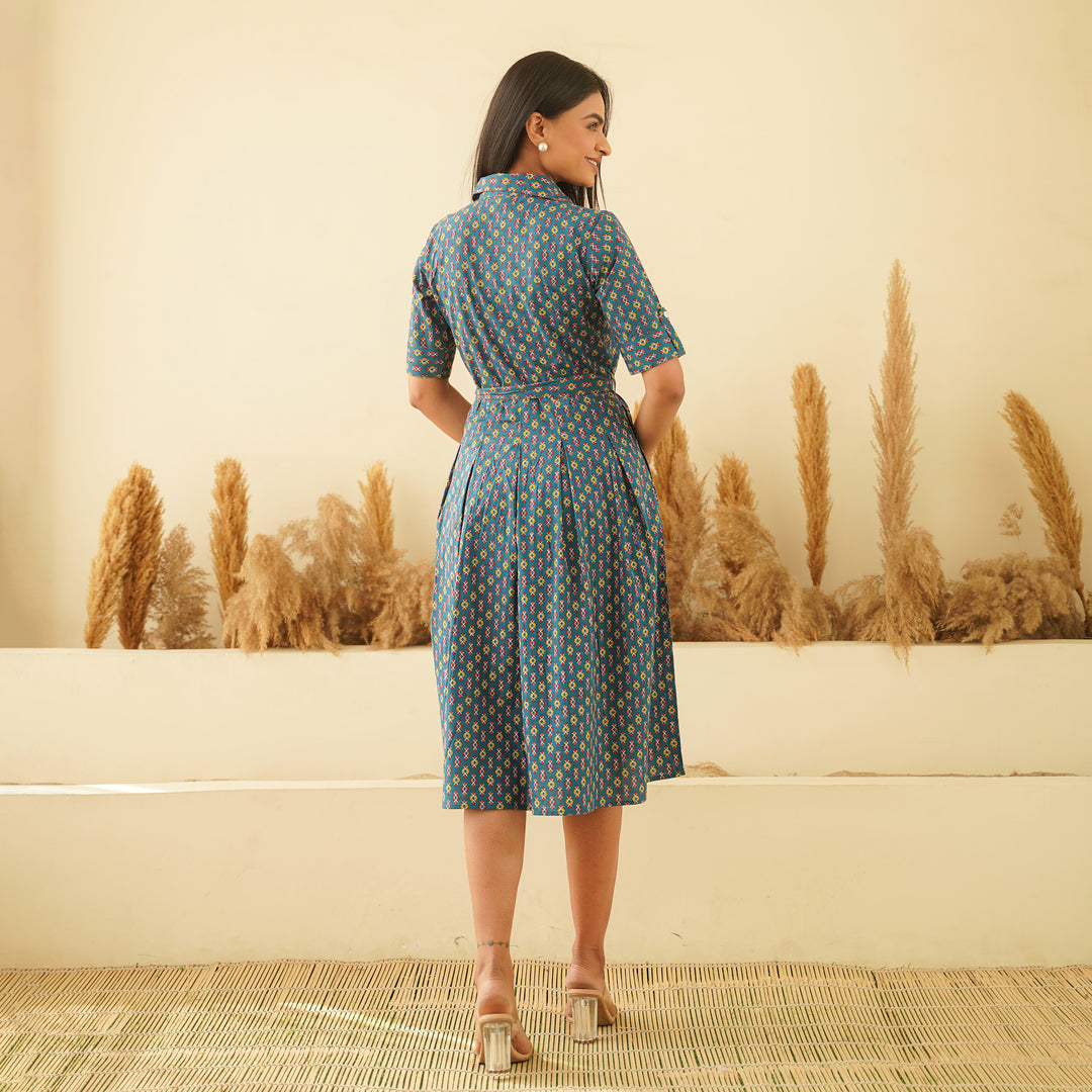 Blue Shirt Collared Cotton Midi Dress with Pockets