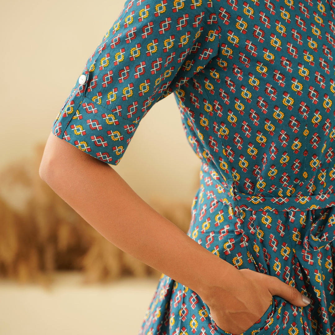 Blue Shirt Collared Cotton Midi Dress with Pockets