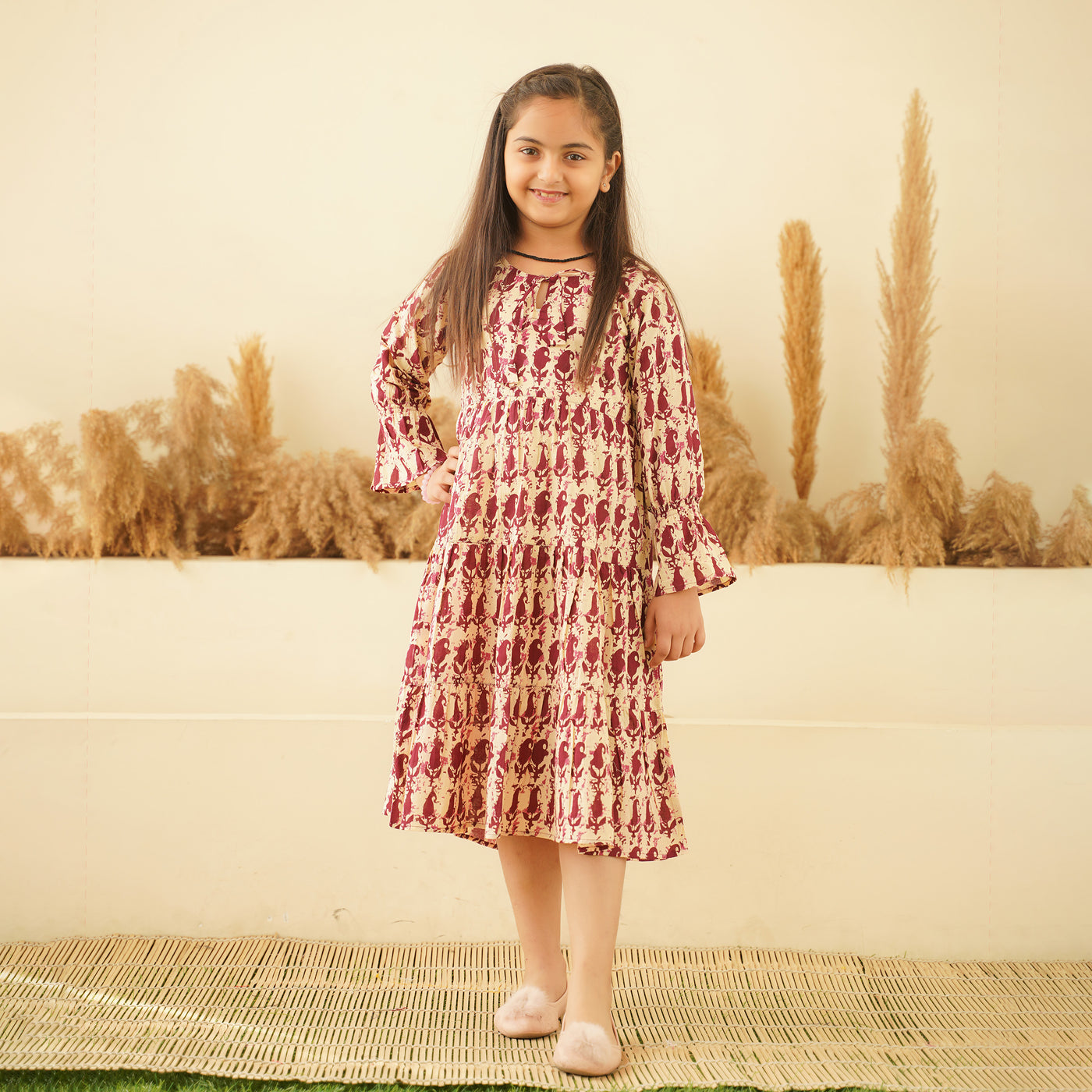 Maroon Kery 3-Tiered Girl's Cotton Dress