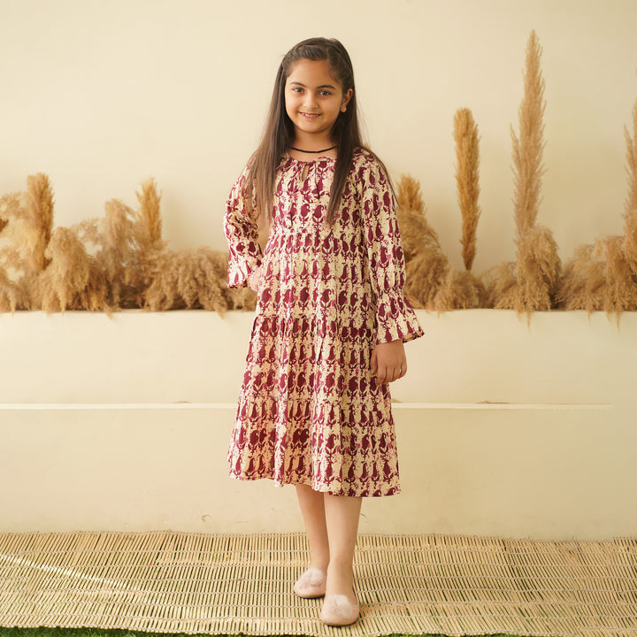 Maroon Kery Block Print Mom and Daughter Tiered Cotton Dresses