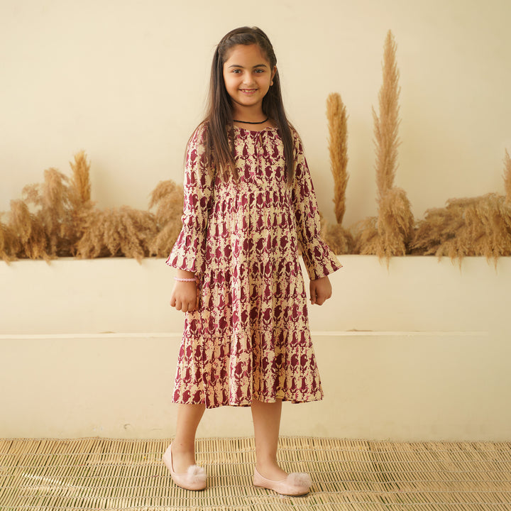 Maroon Kery Block Print Mom and Daughter Tiered Cotton Dresses