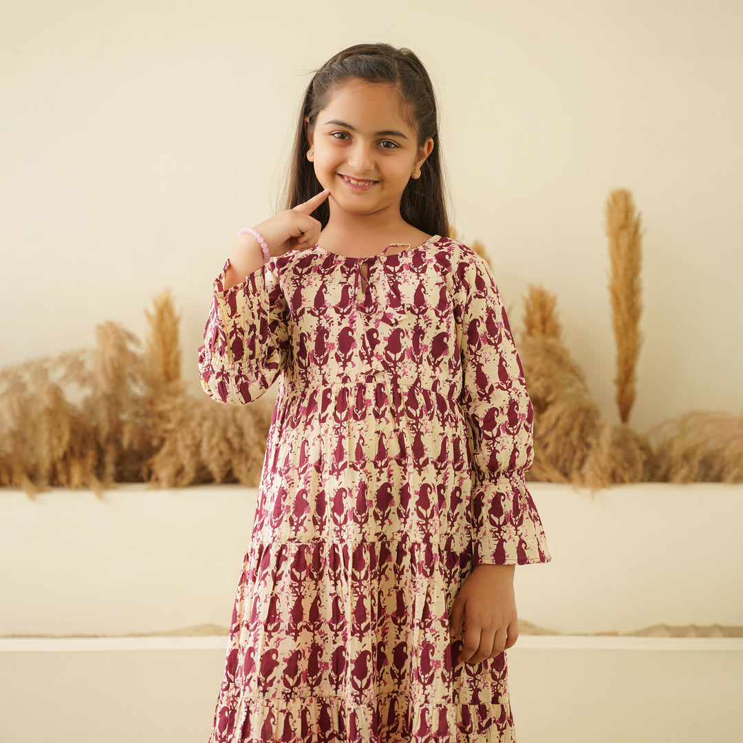 Maroon Kery 3-Tiered Girl's Cotton Dress