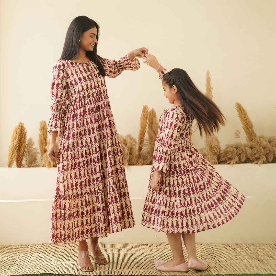 Maroon Kery Block Print Mom and Daughter Tiered Cotton Dresses