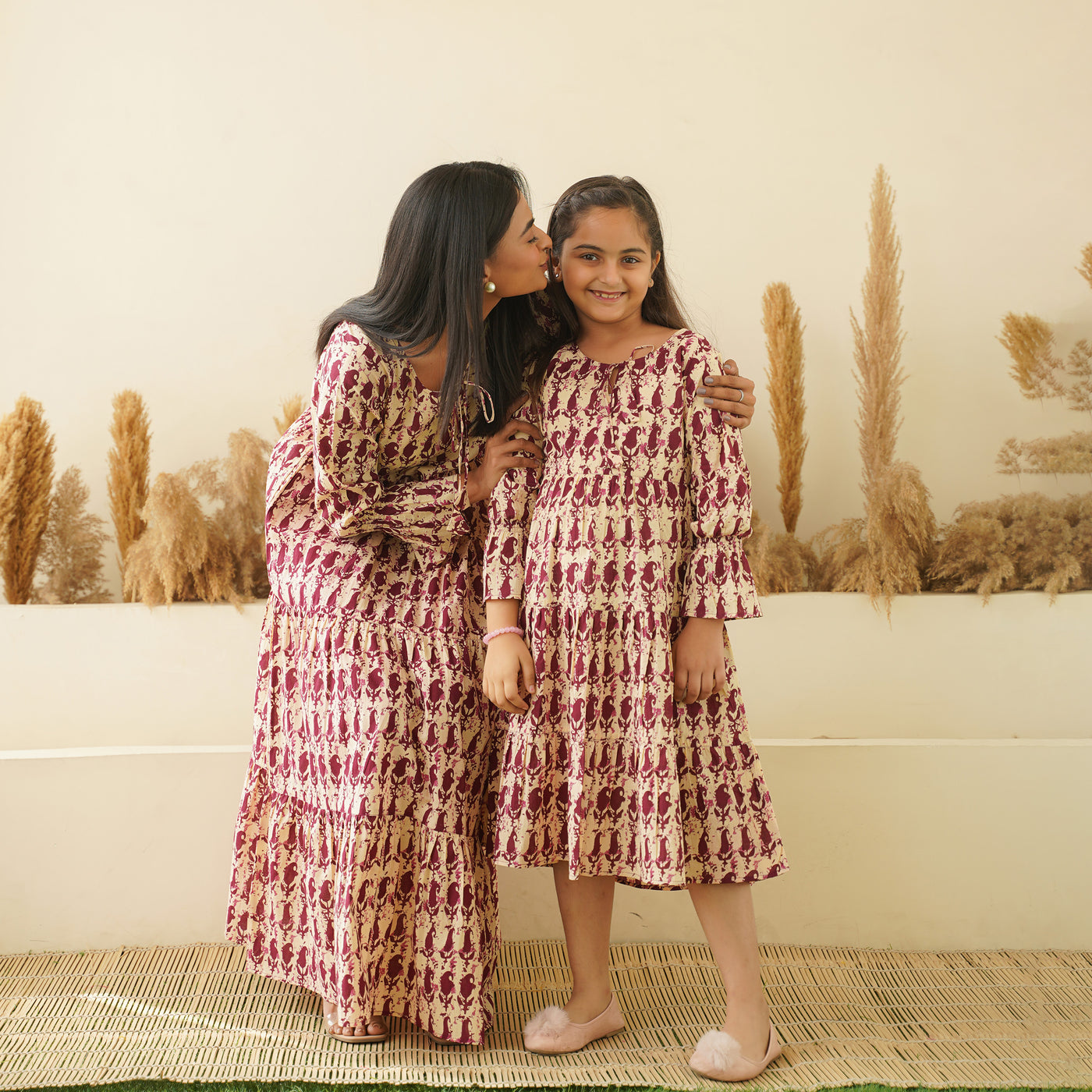 Maroon Kery Block Print Mom and Daughter Tiered Cotton Dresses