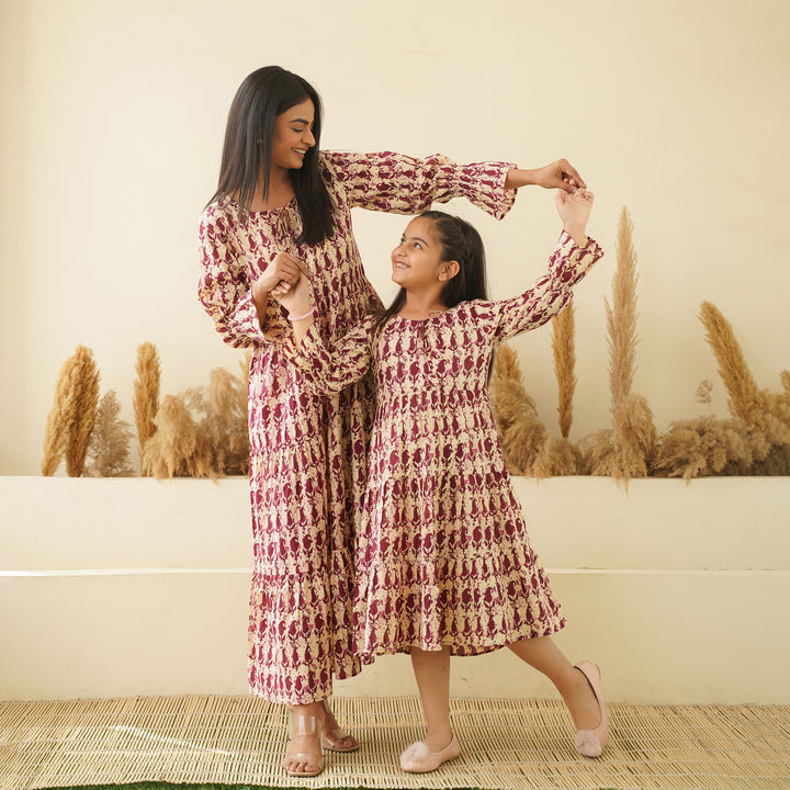 Maroon Kery Block Print Mom and Daughter Tiered Cotton Dresses