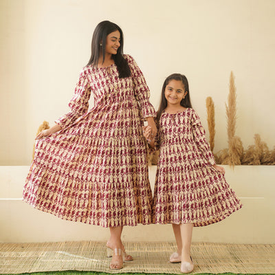 Maroon Kery Block Print Mom and Daughter Tiered Cotton Dresses