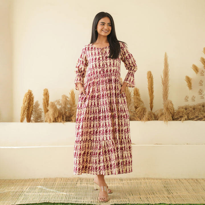Maroon Kery Hand Block Print 3-Tiered Cotton Long Dress with Pockets